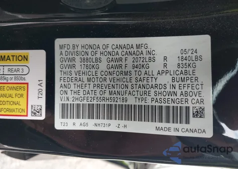 2024 Honda Civic Sport from USA, damaged, VIN 2HGFE2F55RH592189